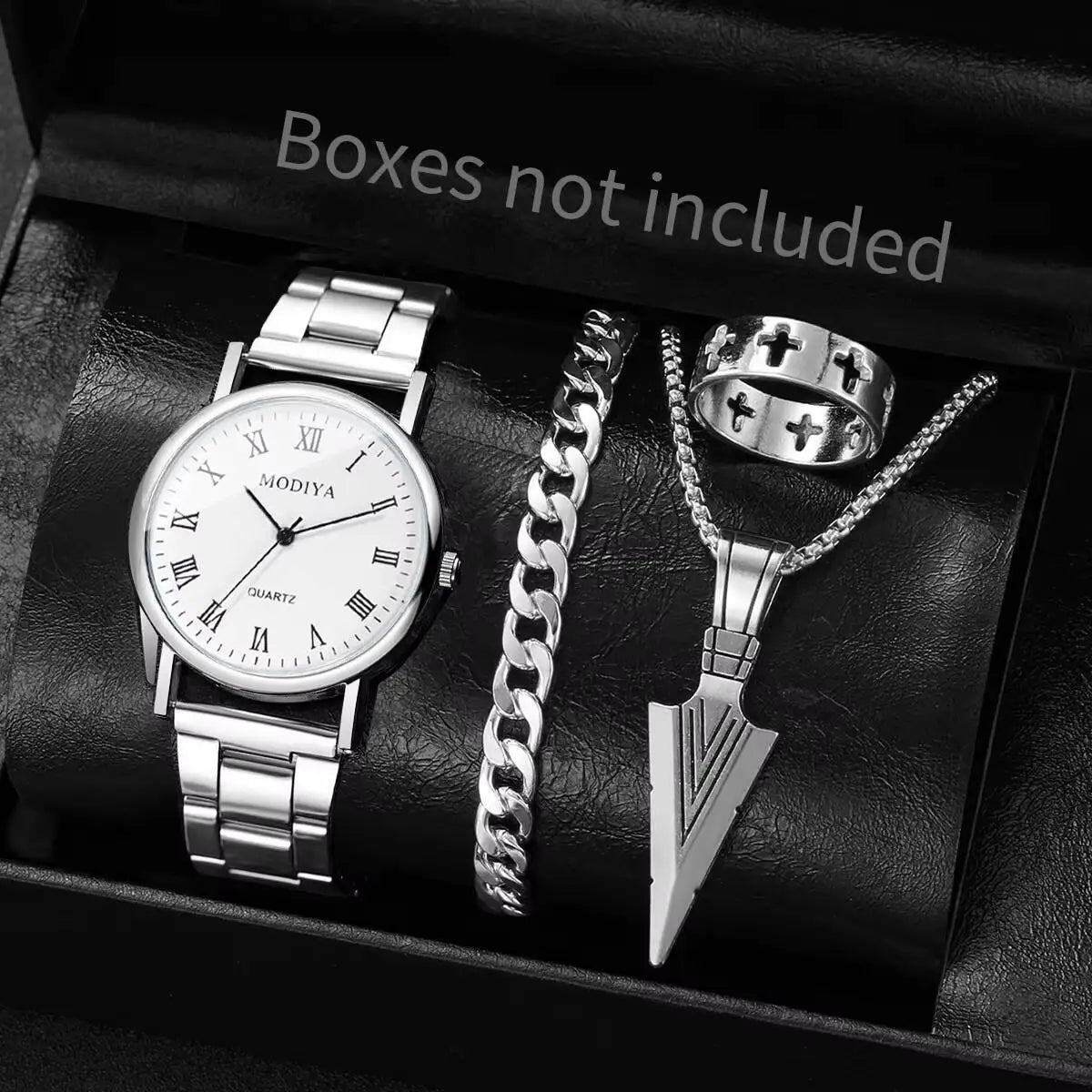 4PCS/Set Fashion Men Business Watches Simple Roma Dial Quartz Wristwatch Jewelry Set Reloj Hombre（Without Box）
