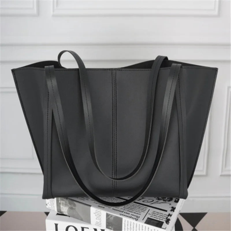Women's Large Capacity Lightweight Tote Bag Elegant Black Synthetic Shoulder Bag, Spacious Work Travel Handbag for Everyday Use