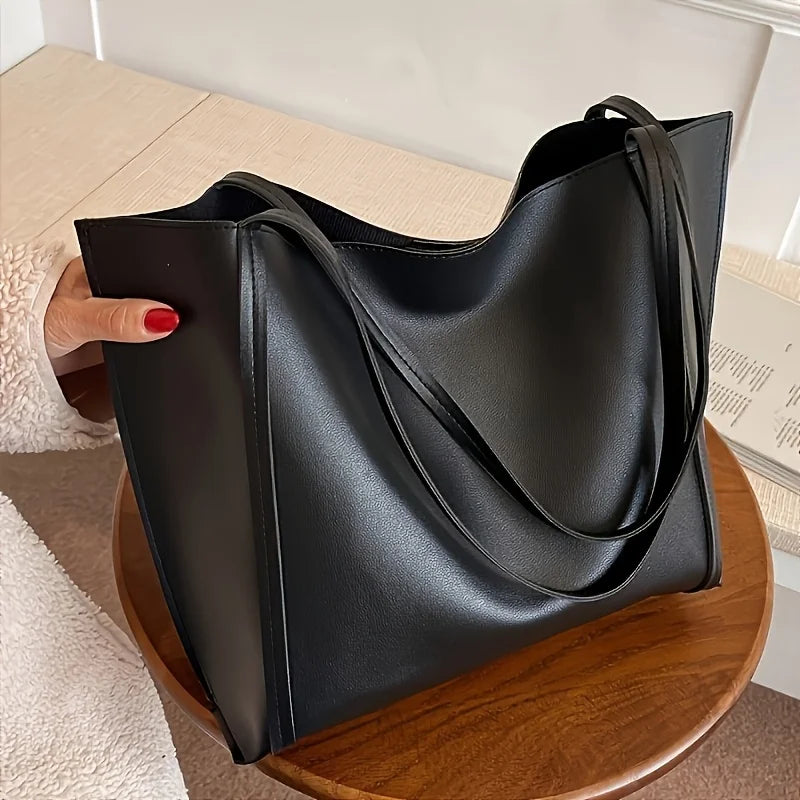 Women's Large Capacity Lightweight Tote Bag Elegant Black Synthetic Shoulder Bag, Spacious Work Travel Handbag for Everyday Use