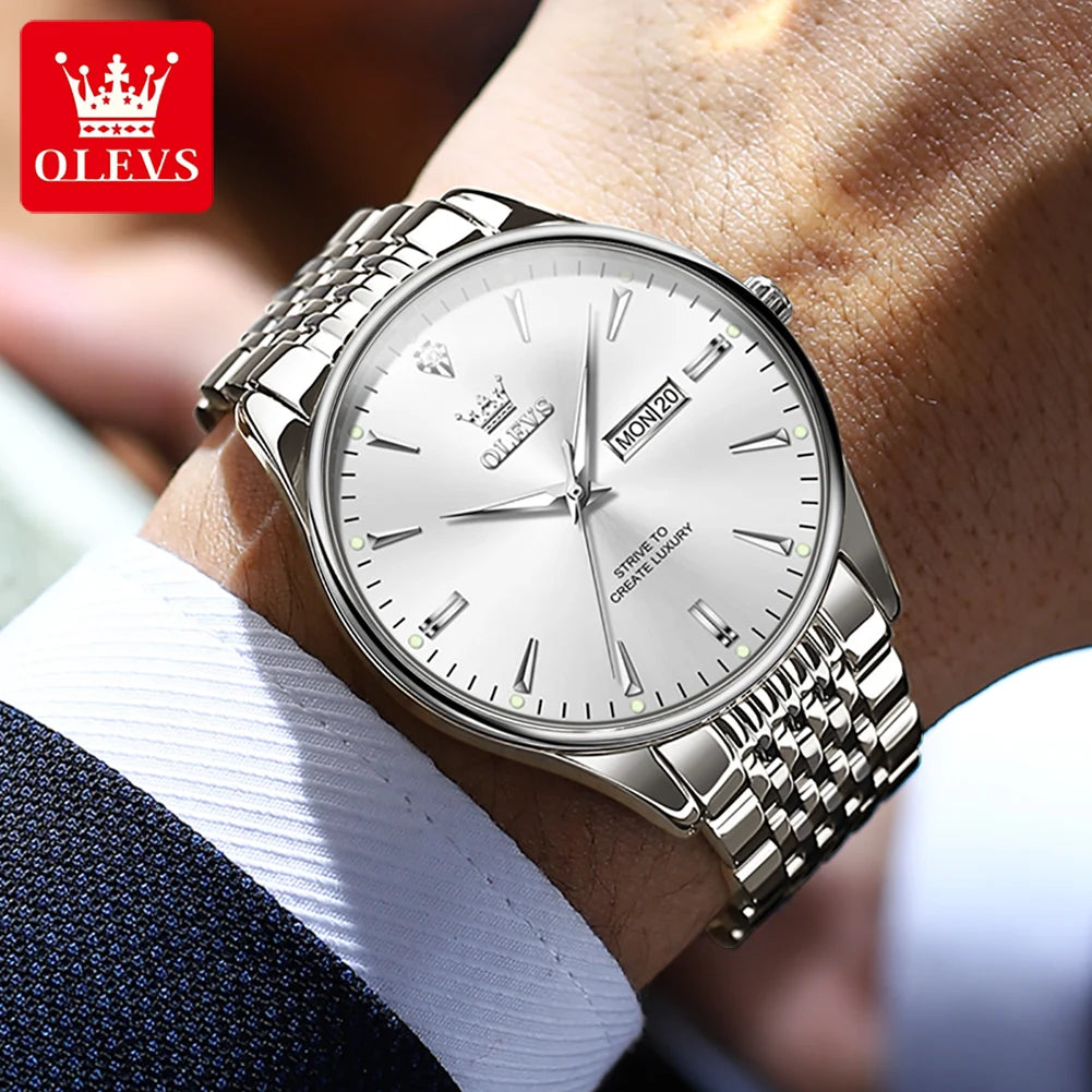 OLEVS 2929 Men Quartz Watch Original Waterproof Business Man Wristwatch Steel Strap Dual Calendar Luminous Fashion Watch For Men
