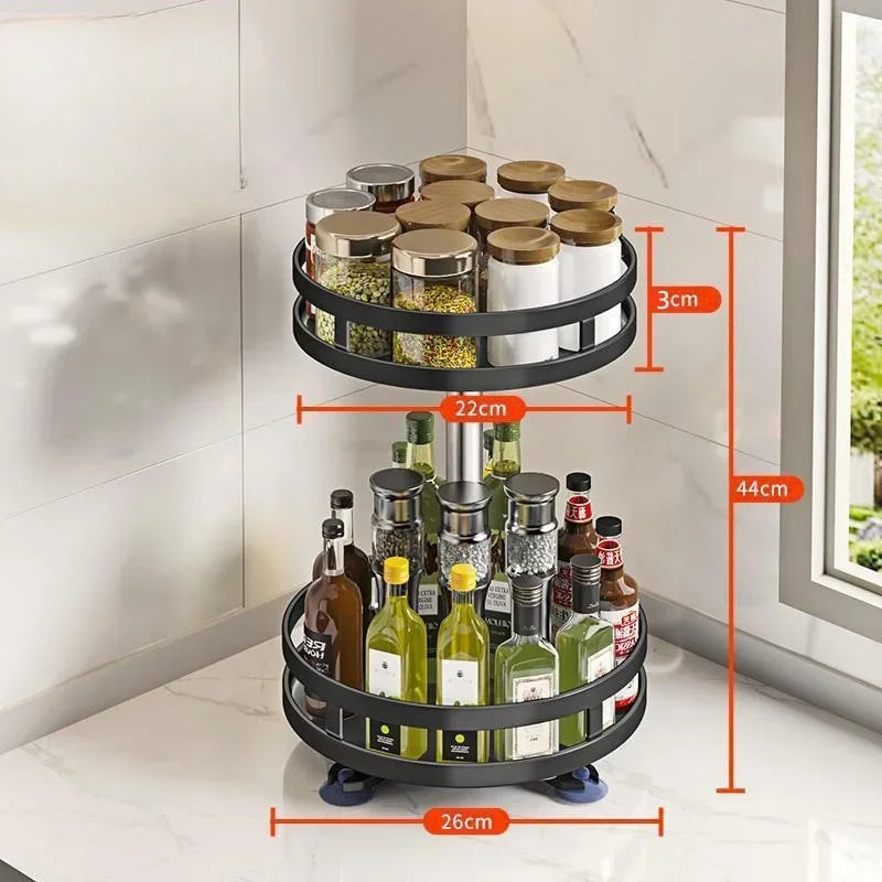 Non-Skid 360°Rotation Spice Rack Carbon Steel Organizer Storage Tray For Seasonings Spices Jars Cans Kitchen Utensil Accessories