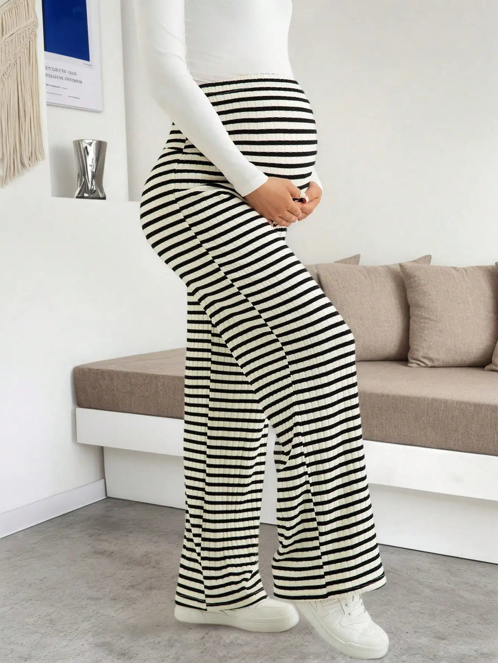 Maternity Women's Striped Ribbed Wide Leg Over Bump Jeans for Casual Daily and Lounge Wear
