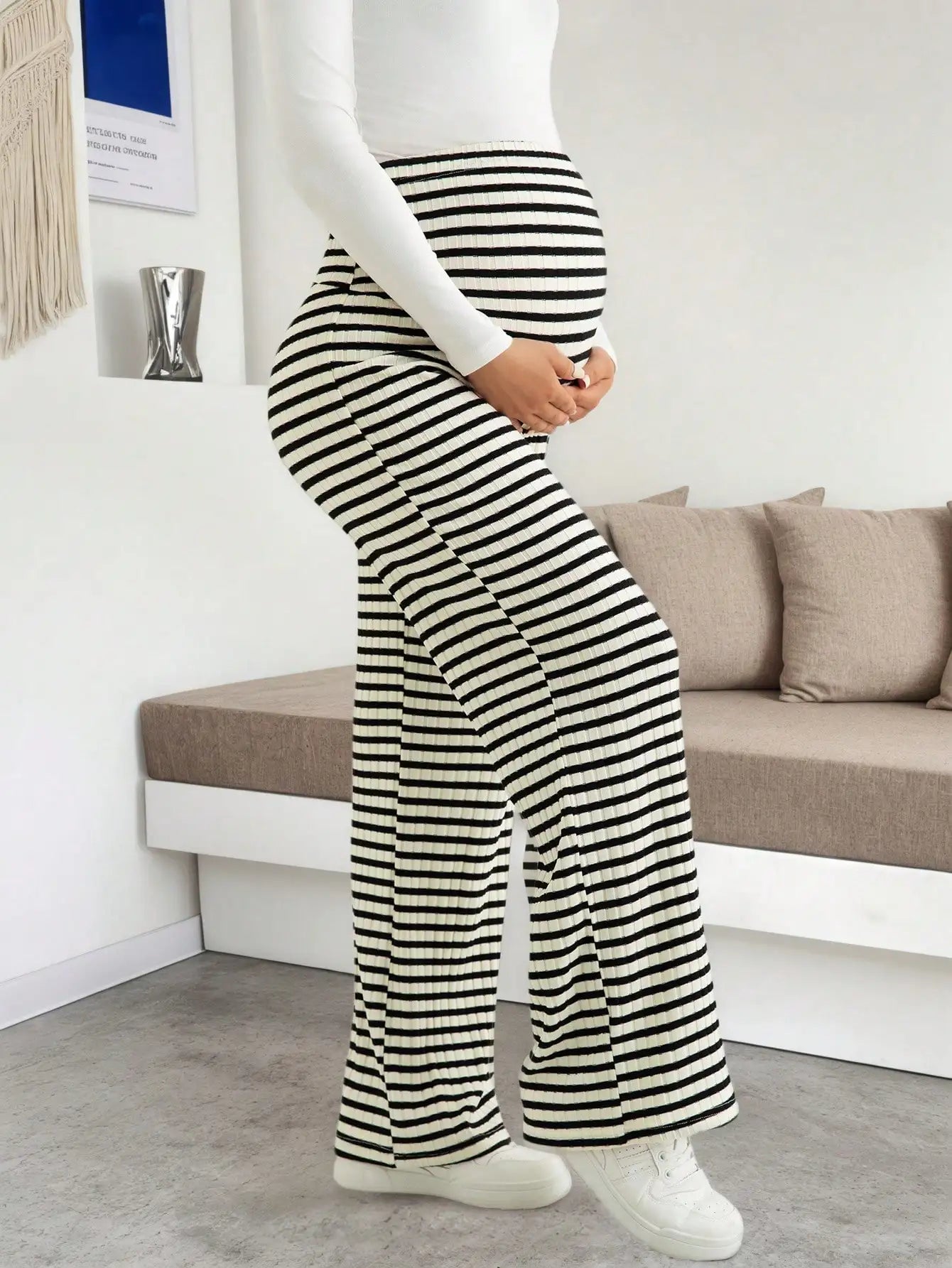 Maternity Women's Striped Ribbed Wide Leg Over Bump Jeans for Casual Daily and Lounge Wear