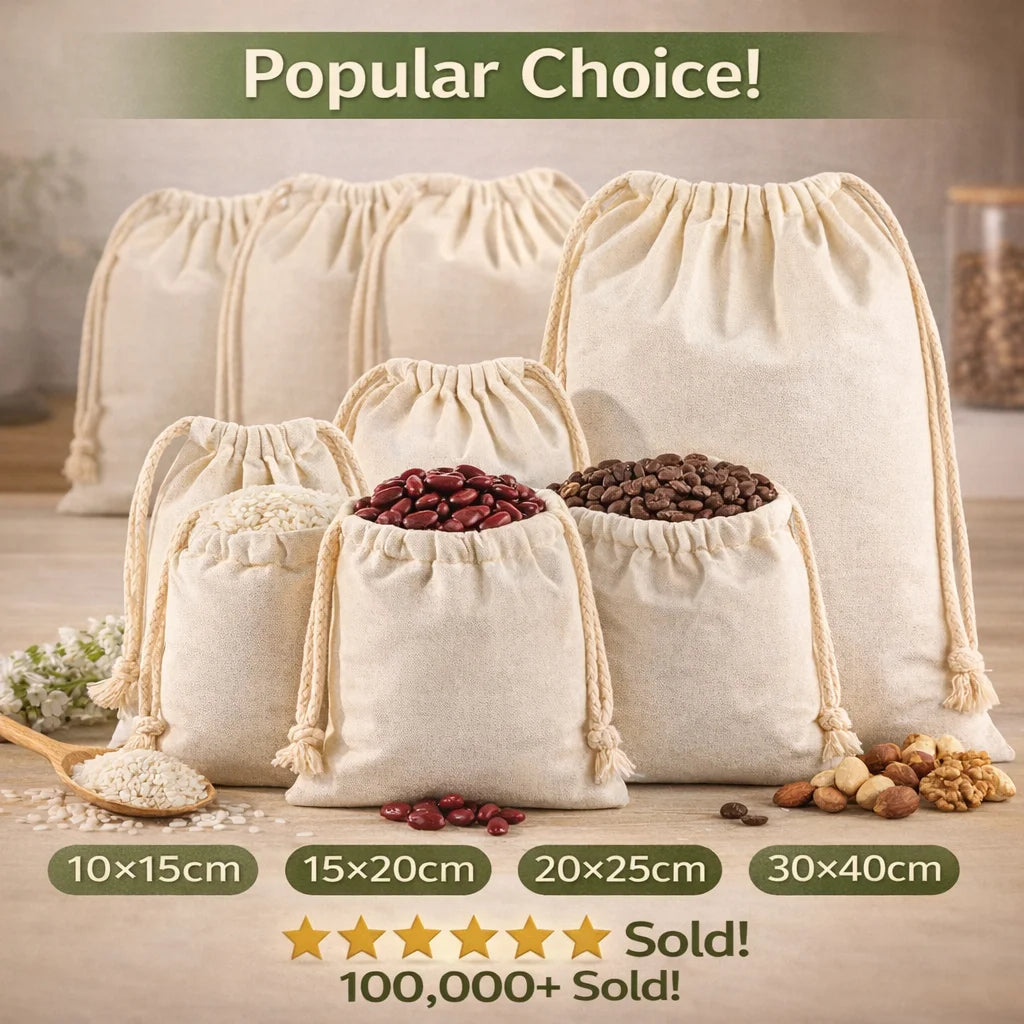 Canvas Drawstring Bags Bulk, 5/10PCS Beige Pouches, 4 Sizes Storage Bags for Gifts, Jewelry, Coffee Beans, Travel & Organization