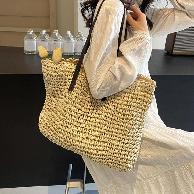 Straw Woven Tote Bags Casual Large Luxury Design Capacity Handbag Beach Shoulder Simple Women's Bag Shopping Summer bolsos