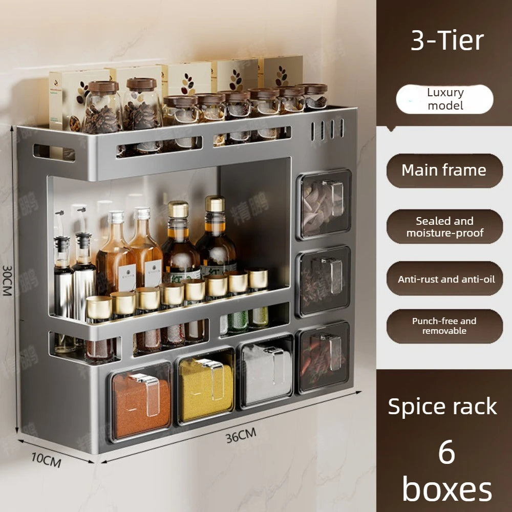 No-Drill Kitchen Multifunctional Seasoning Storage Organizer Wall Mounted Carbon Steel Hanging Rack Pull-Out Spice Jar Holder