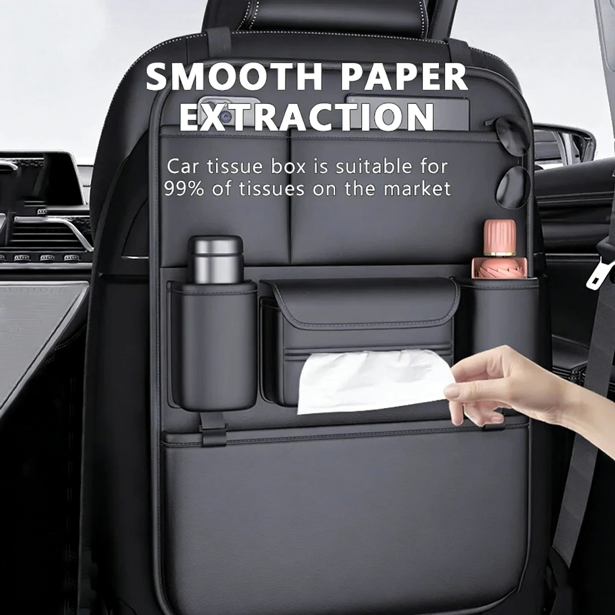 6-Pocket Car Seat Back Storage Bag Wear-Resistant Car Backseat Organizer Tissue/Cup Holder Waterproof Anti-Kick Pad