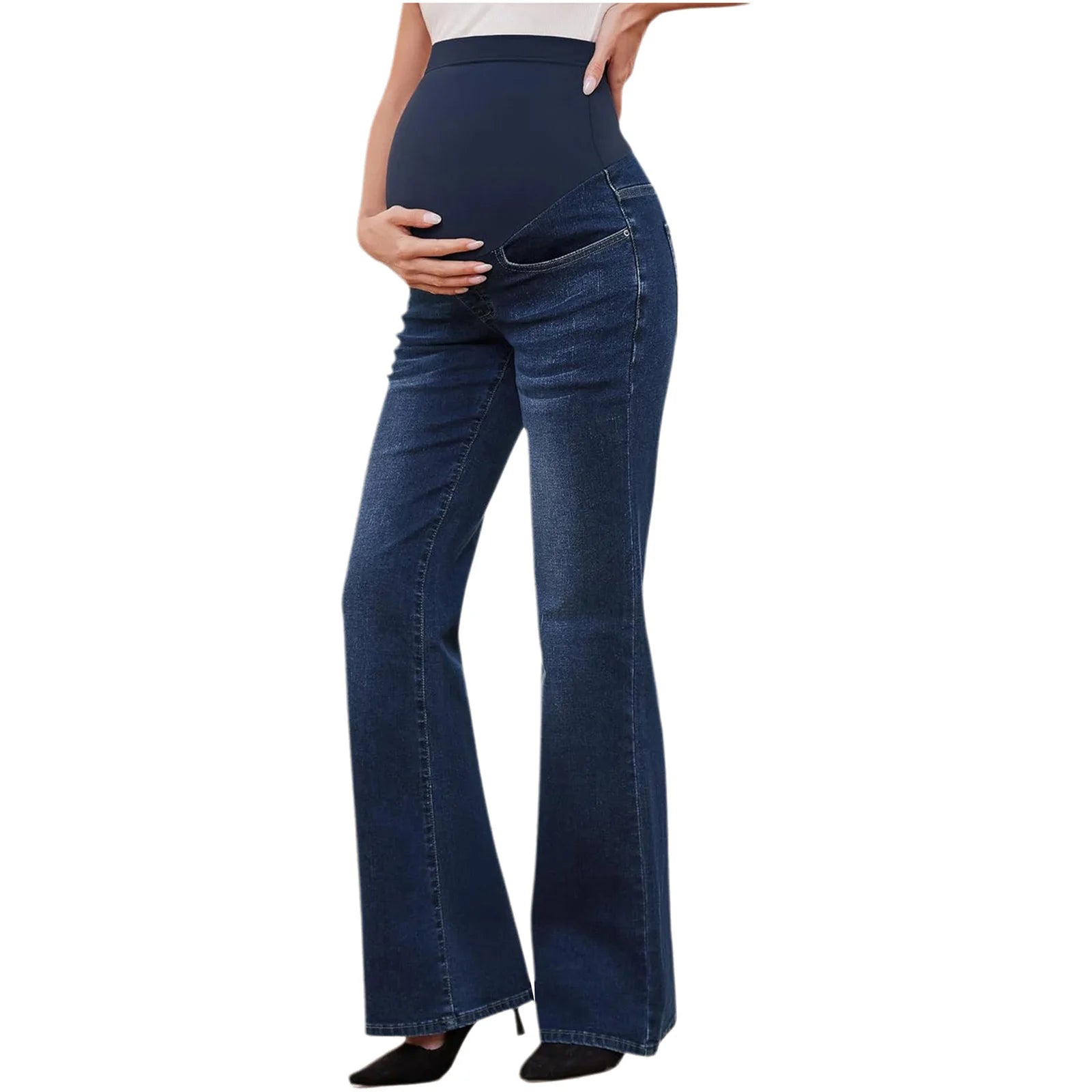 Women's Maternity Flared Jeans Over-the-Belly Stretch Pregnant Bell-Bottom Denim Pants with Pockets Casual Pregnancy Clothes