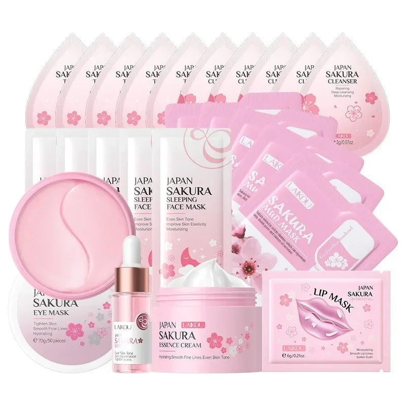 Sakura Skin Care Set Eye & Lip Masks Serum Nud Masks Cleanser Toner Essence Cream Moisturizing Smoothing Nourishing Beauty