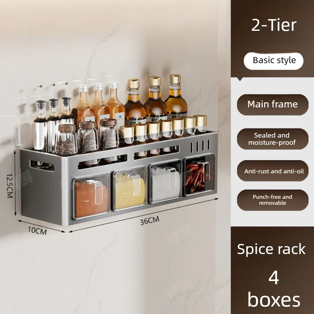 No-Drill Kitchen Multifunctional Seasoning Storage Organizer Wall Mounted Carbon Steel Hanging Rack Pull-Out Spice Jar Holder