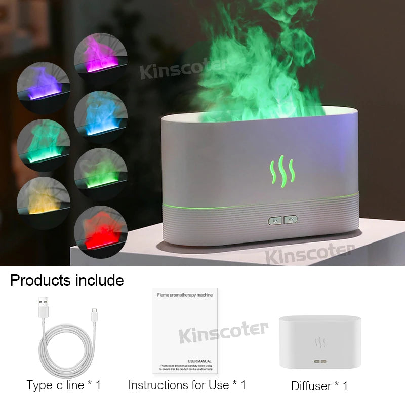 USB Desktop Flame Aroma Diffuser Humidifier 7 Colors Simulation Light Aromatherapy Air Purifier for Bedroom/Essential oil set