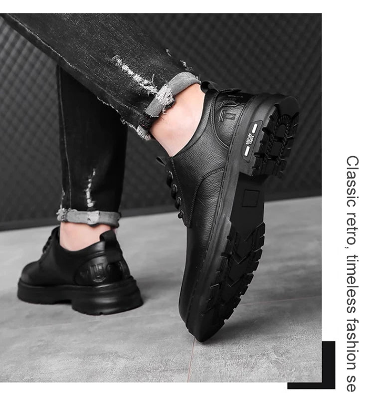 Men's Outdoor Casual Leather Shoes Lace Free Retro Soft Bottom Low-Top Work Shoes