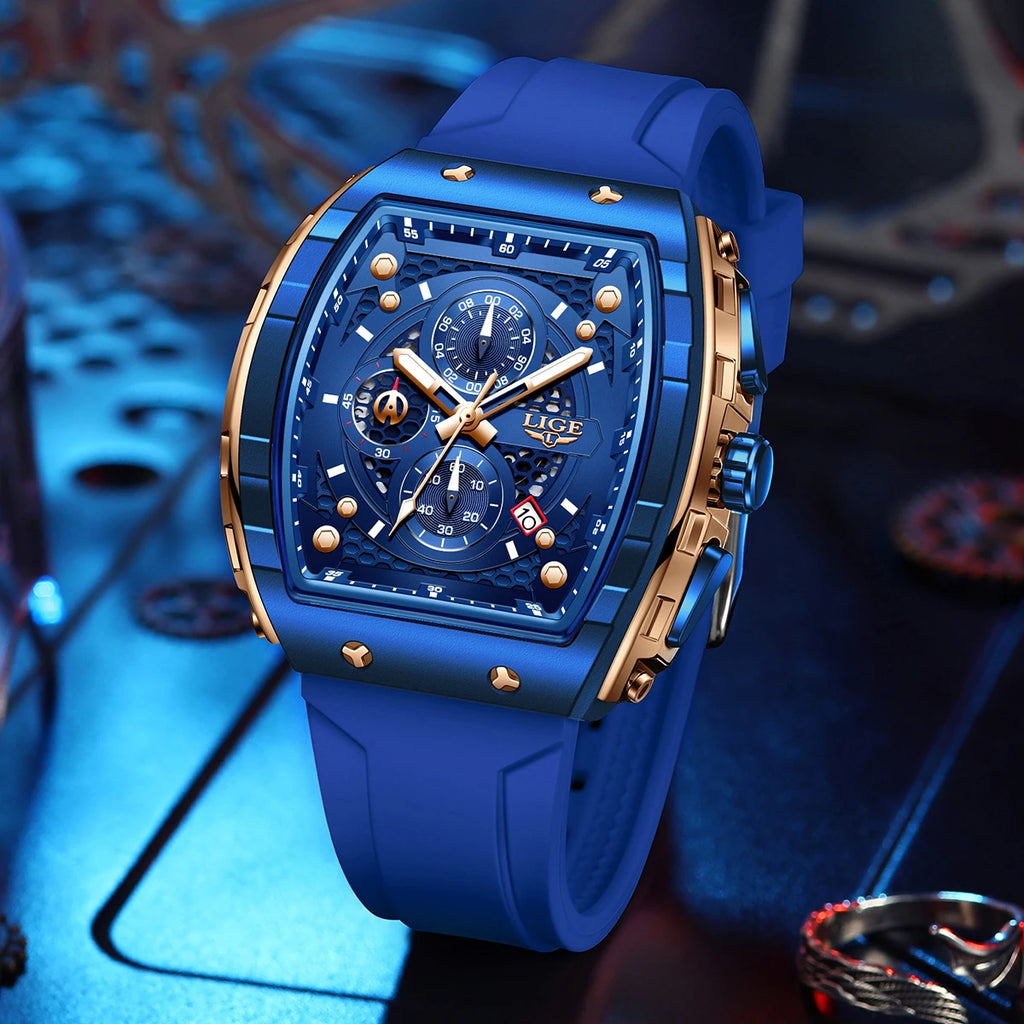 LIGE Waterproof Watches For Men Original Brand Luxury Silicone Square Men's Quartz Wristwatch Fashion Military Chronograph Male