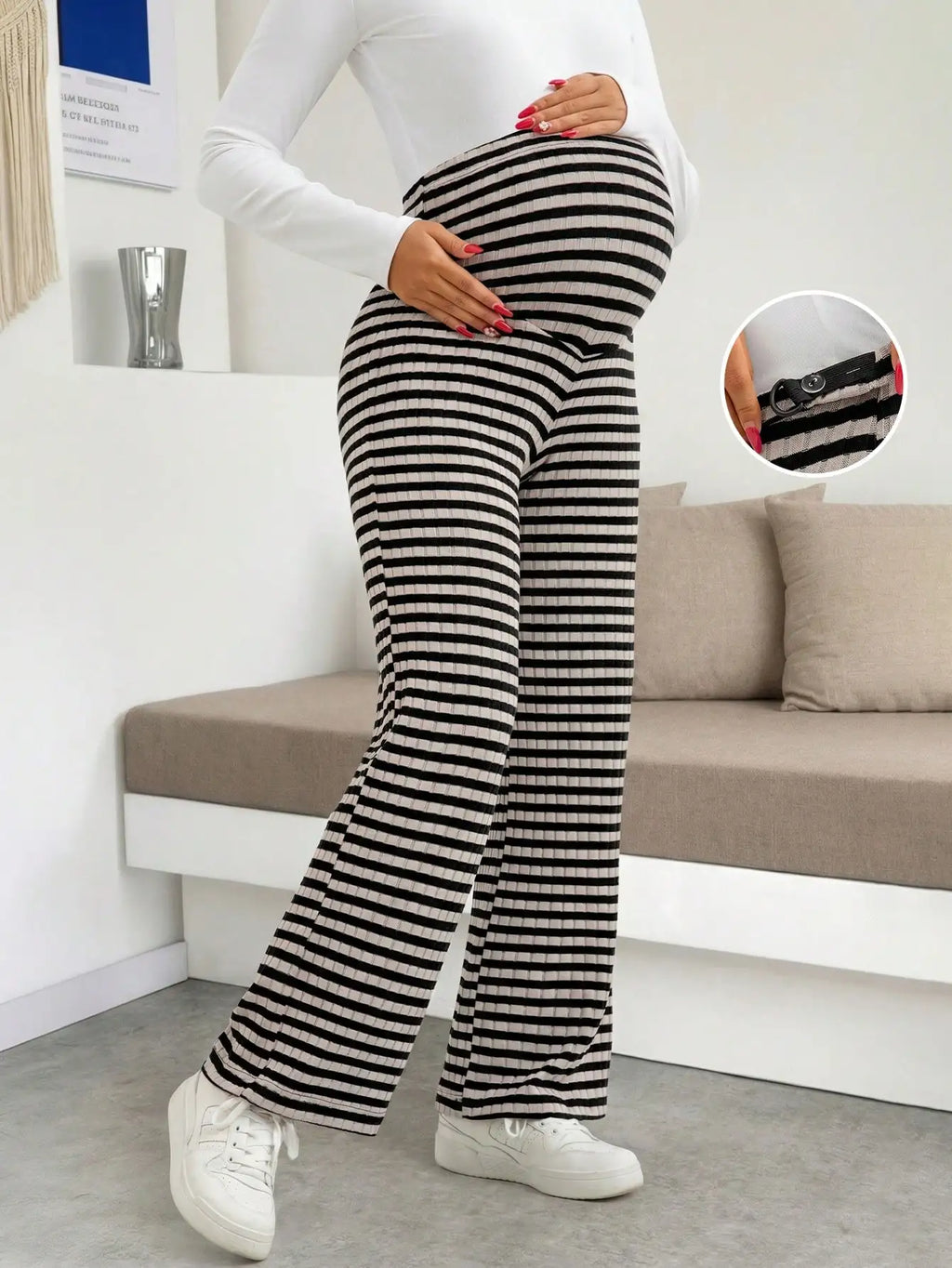 Maternity Women's Striped Ribbed Wide Leg Over Bump Jeans for Casual Daily and Lounge Wear