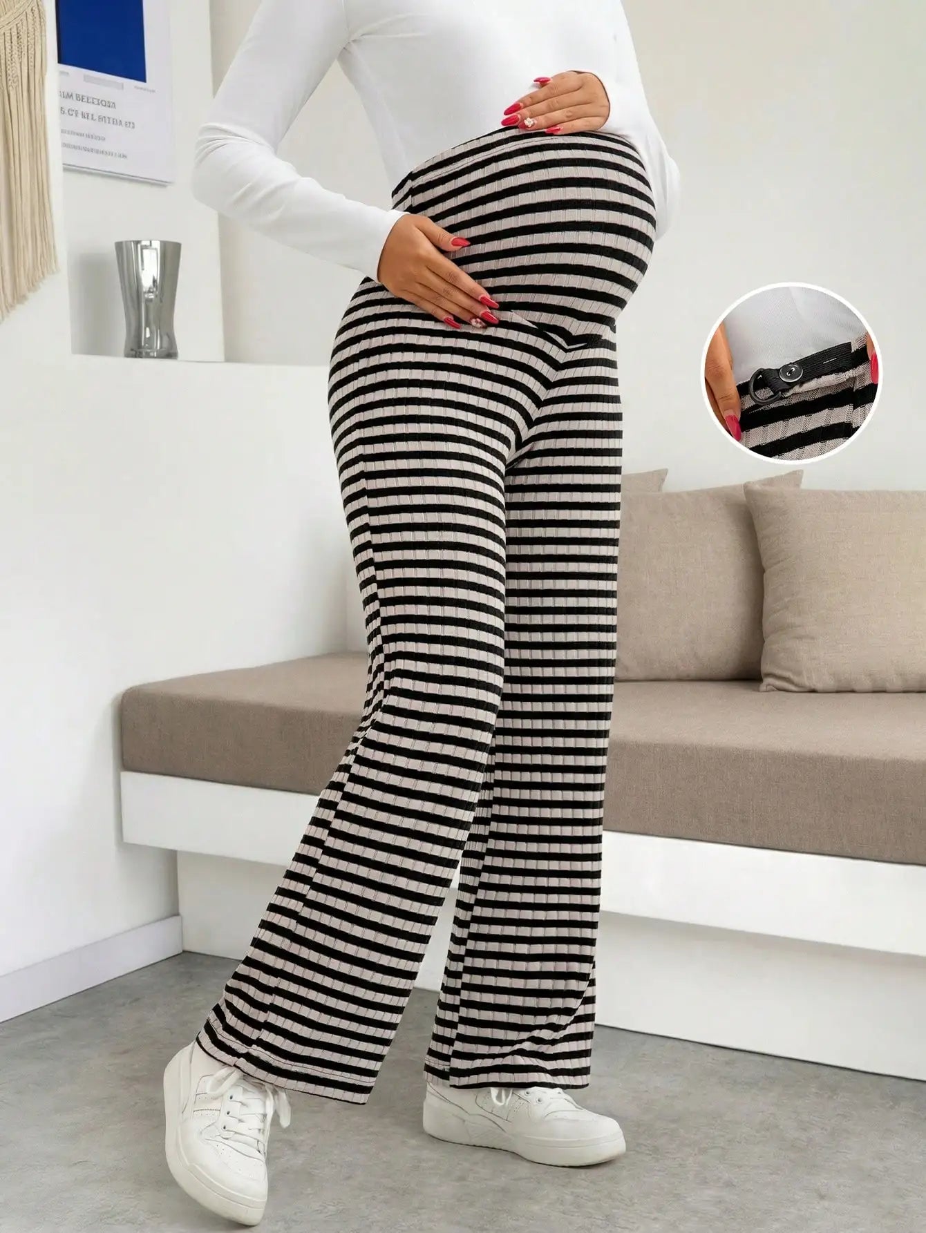 Maternity Women's Striped Ribbed Wide Leg Over Bump Jeans for Casual Daily and Lounge Wear