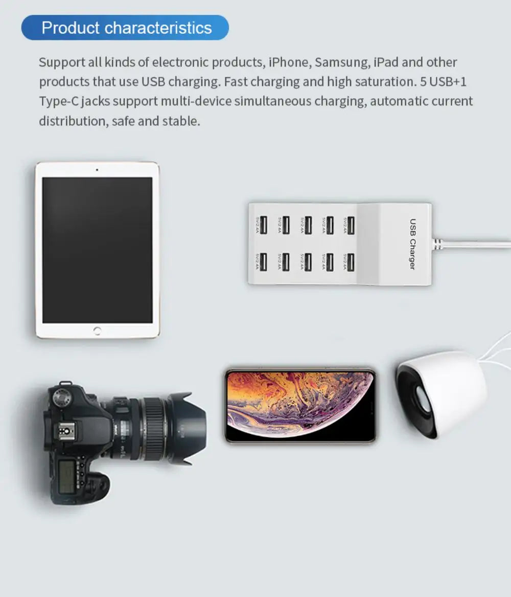 USB Charger 10-Port USB Charging Station for Multi Devices 50W USB Hub Adapter for iPhone Samsung Xiaomi Huawei Extension Socket