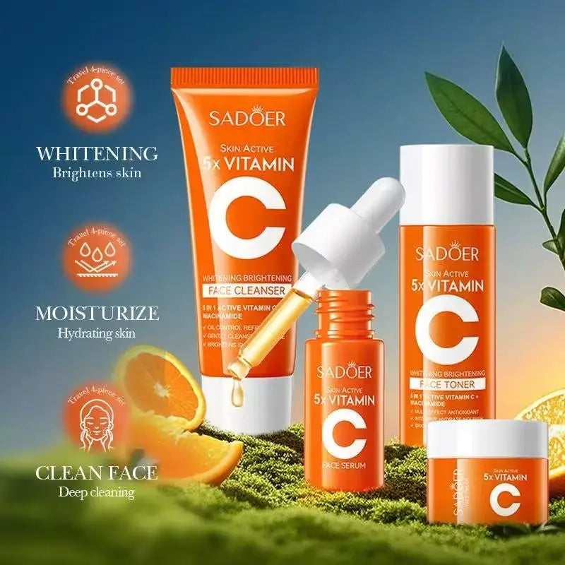 5X Vitamin C Travel Kit, 4-Piece Brightening & Hydrating Skincare Set, Antioxidant Glow Boost for Dull Skin, Winter Vacation Ess
