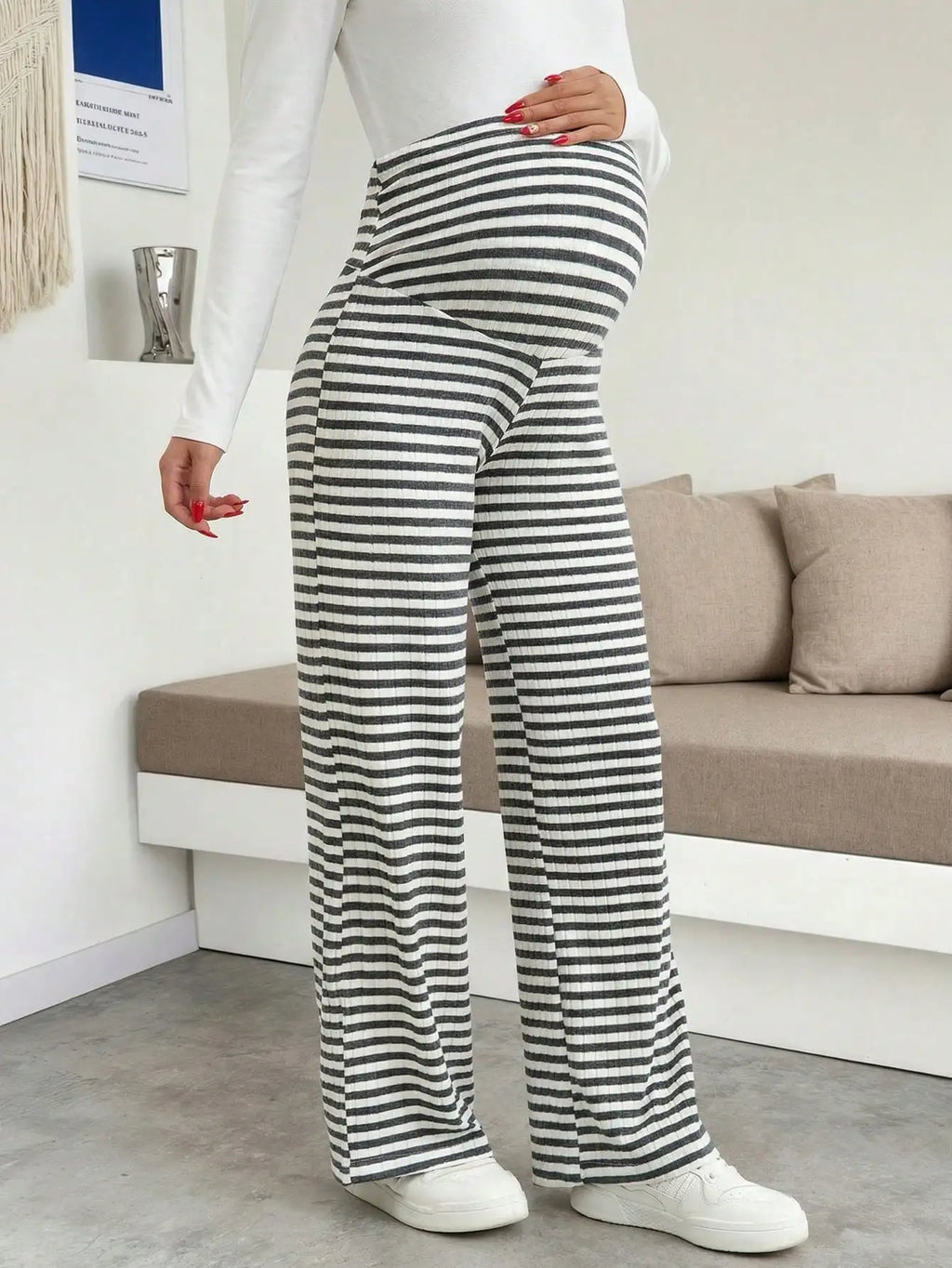 Maternity Women's Striped Ribbed Wide Leg Over Bump Jeans for Casual Daily and Lounge Wear
