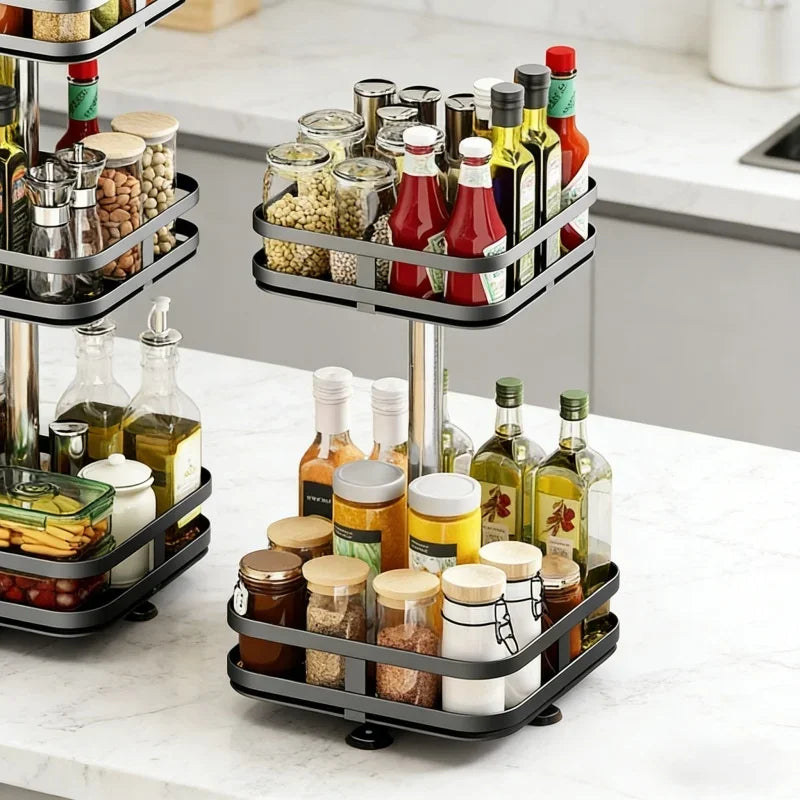 Non-Skid 360°Rotation Spice Rack Carbon Steel Organizer Storage Tray For Seasonings Spices Jars Cans Kitchen Utensil Accessories