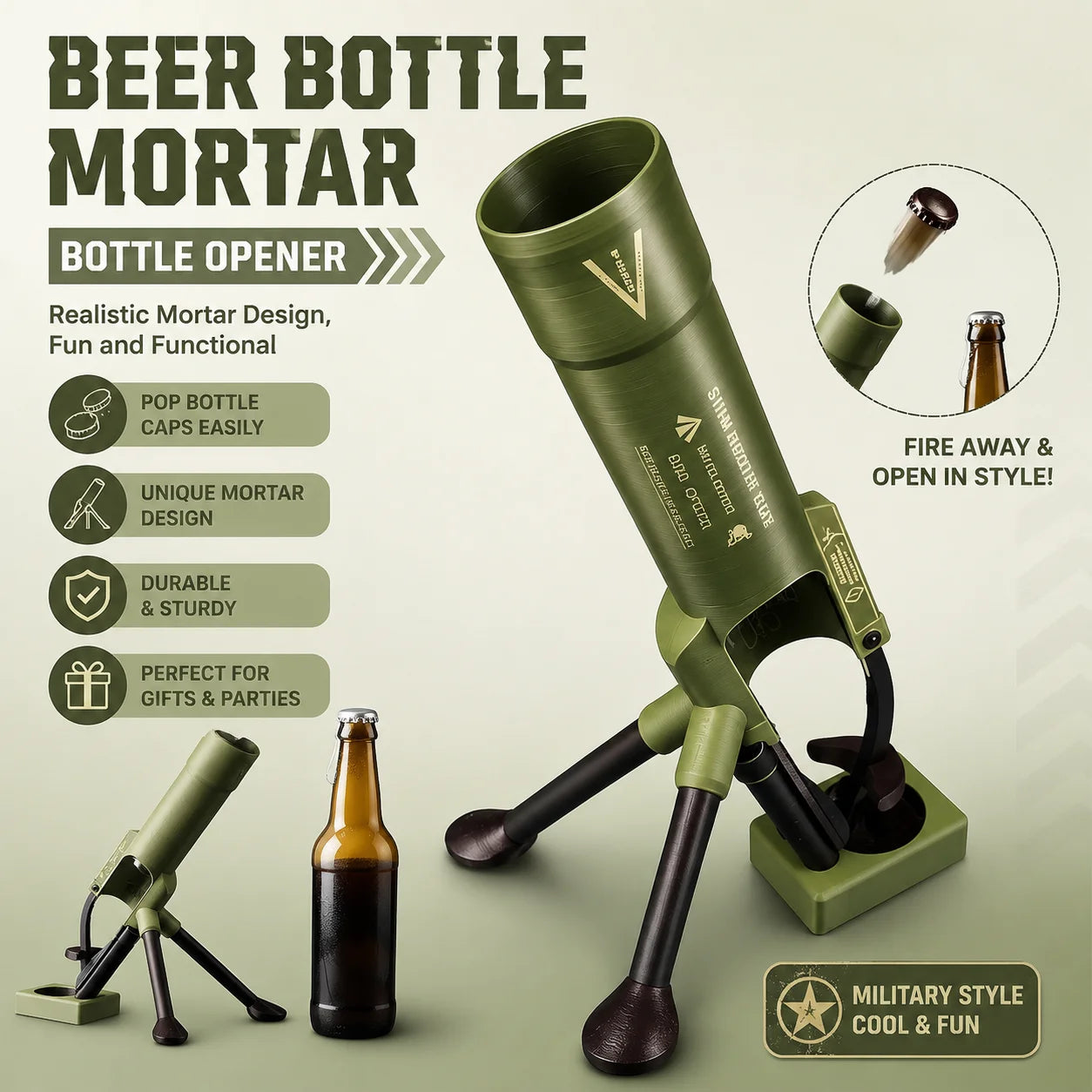 1pcs Military Mortar Beer Bottle Opener Funny Cap Gun Launcher Popper for Home Bar Club Party Drinking Game Cool Gift for Men