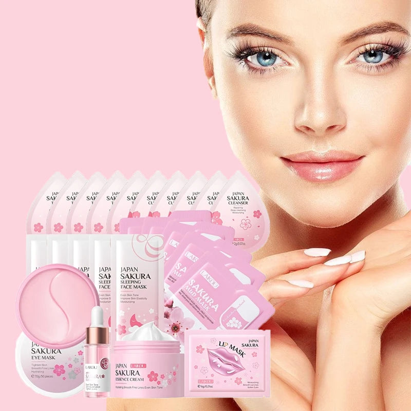 Sakura Skin Care Set Eye & Lip Masks Serum Nud Masks Cleanser Toner Essence Cream Moisturizing Smoothing Nourishing Beauty