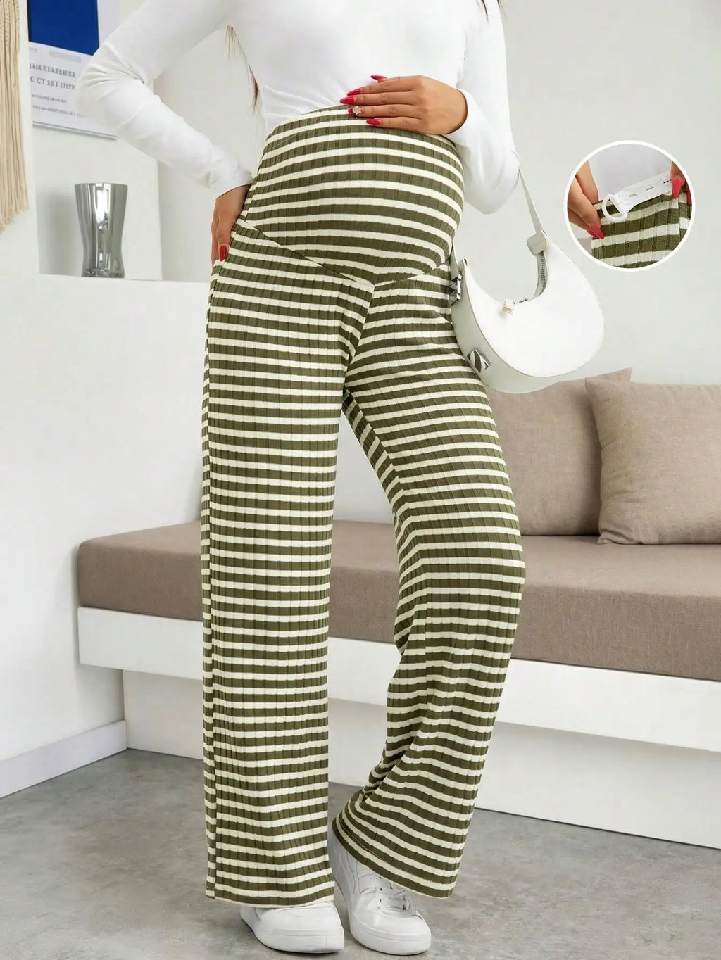 Maternity Women's Striped Ribbed Wide Leg Over Bump Jeans for Casual Daily and Lounge Wear