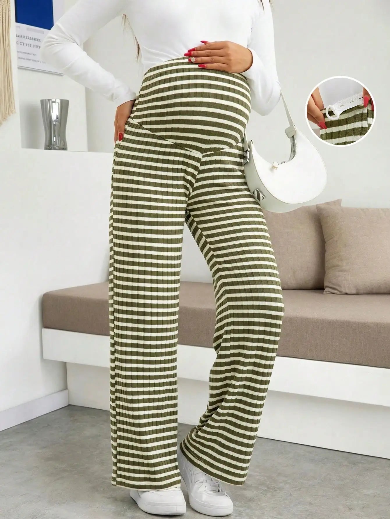 Maternity Women's Striped Ribbed Wide Leg Over Bump Jeans for Casual Daily and Lounge Wear