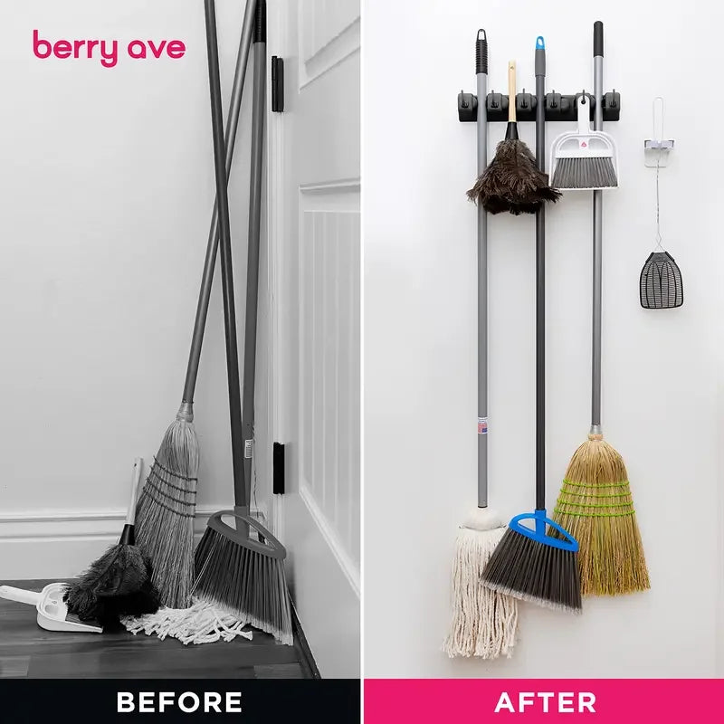 Wall Mounted Mop Holder 3/4/5 Position Multi-Functional Broom Pendant Shelf Home Kitchen Storage Black Magic Plastic Mop Holder