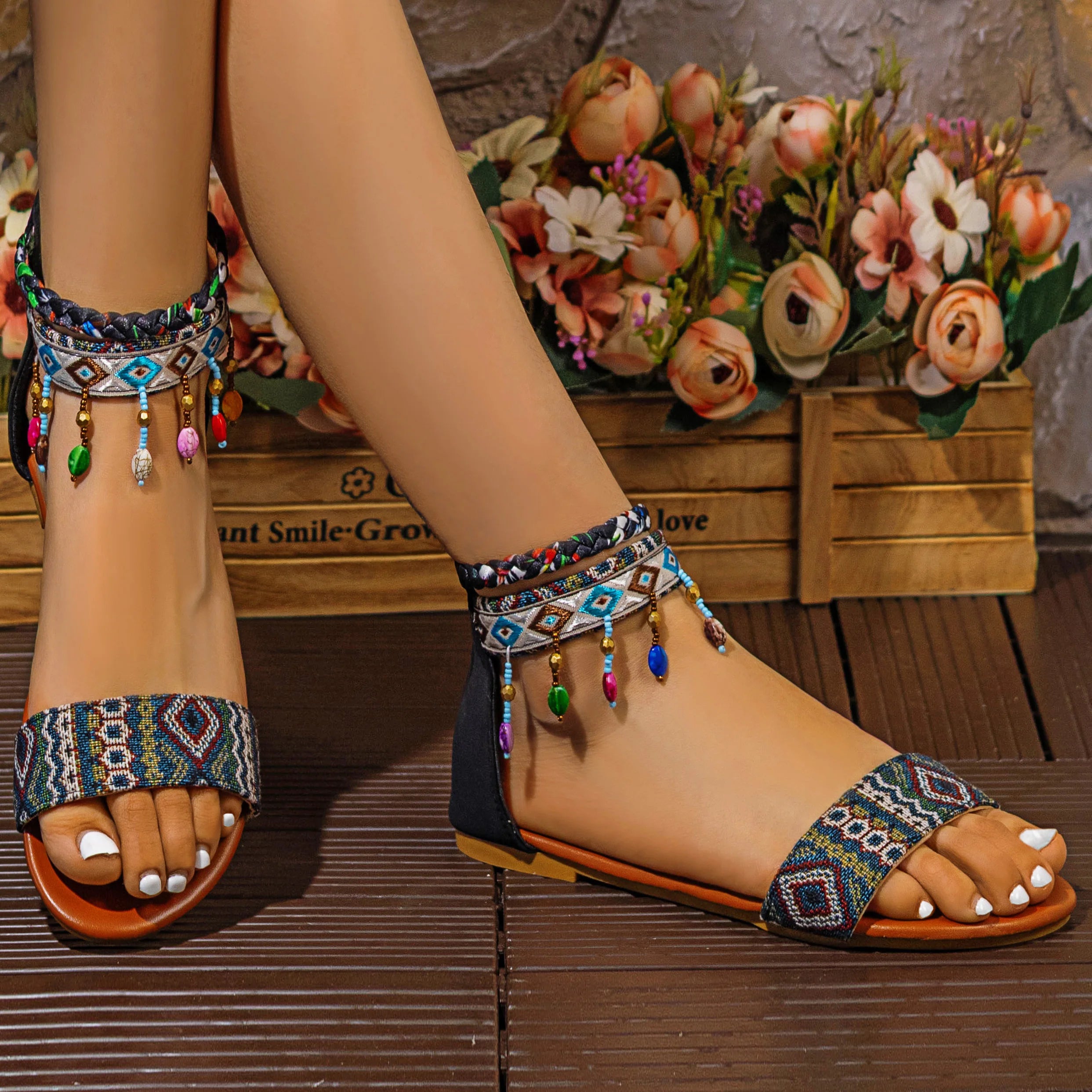 New Ethnic Style Roman Sandals, Handmade Beaded, Back Zipper, Bohemian Flat Shoes