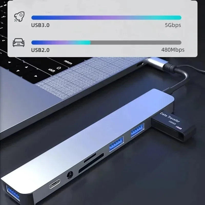 8 In 1 USB Type-C  HUB with Reader Splitter Card USB 3.0 USB 2.0 SD/TF Splitter Card Reader Docking Station for HUAWEI Xiaomi PC