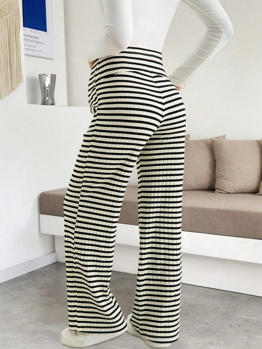 Maternity Women's Striped Ribbed Wide Leg Over Bump Jeans for Casual Daily and Lounge Wear