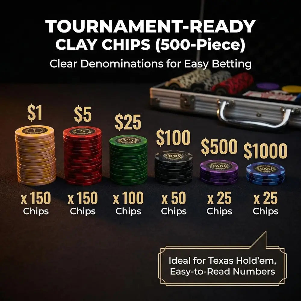 500 Piece Poker Chip Set Texas Holdem Blackjack 14g Heavy Clay Composite Numbered Chips with Case 2 Decks s Dice Dealer Small Bi