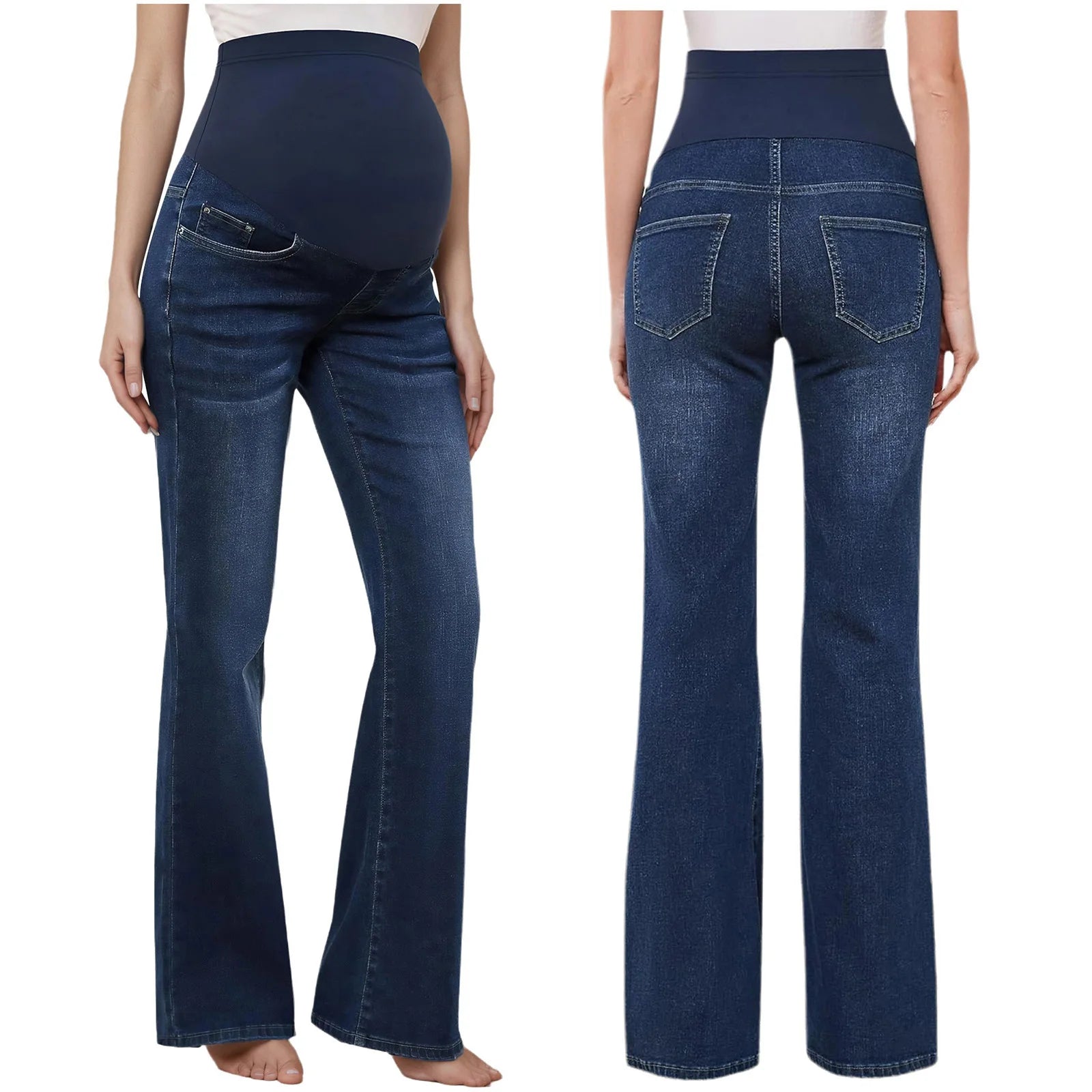 Women's Maternity Flared Jeans Over-the-Belly Stretch Pregnant Bell-Bottom Denim Pants with Pockets Casual Pregnancy Clothes