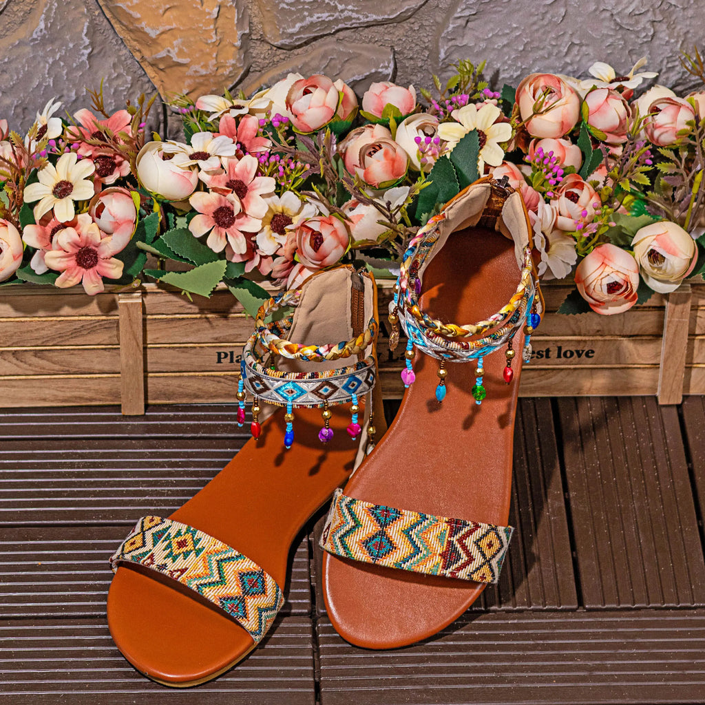 New Ethnic Style Roman Sandals, Handmade Beaded, Back Zipper, Bohemian Flat Shoes
