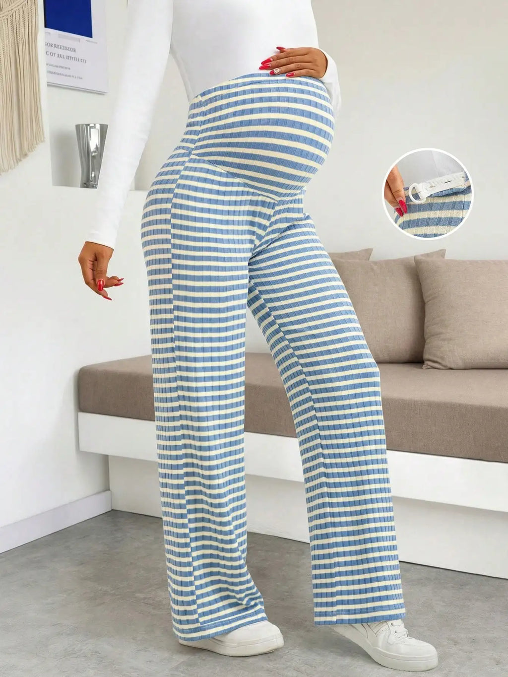 Maternity Women's Striped Ribbed Wide Leg Over Bump Jeans for Casual Daily and Lounge Wear