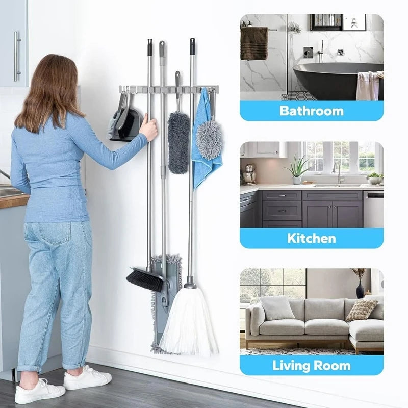 Multi-Purpose Hooks Mop Rack Wall-Mounted Mop Storage Box Broom Hanger Hook Bathroom Waterproof Wall Aluminum Alloy Bore Hook