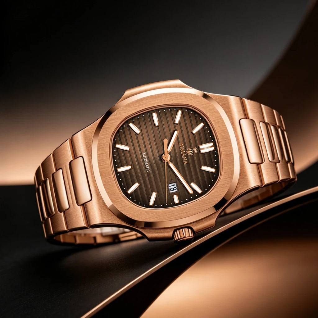 Luxury AIMANA Mens Automatic Watch Stainless Steel Strap Waterproof Luminous Date Calendar Rose Gold Nautilus Style Business Cas