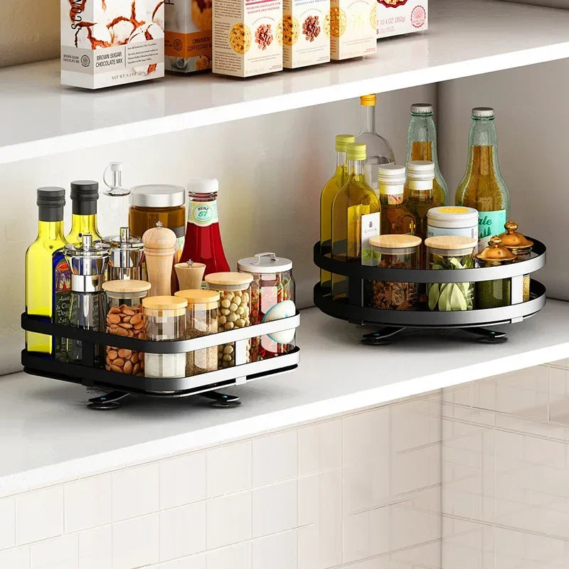 Non-Skid 360°Rotation Spice Rack Carbon Steel Organizer Storage Tray For Seasonings Spices Jars Cans Kitchen Utensil Accessories