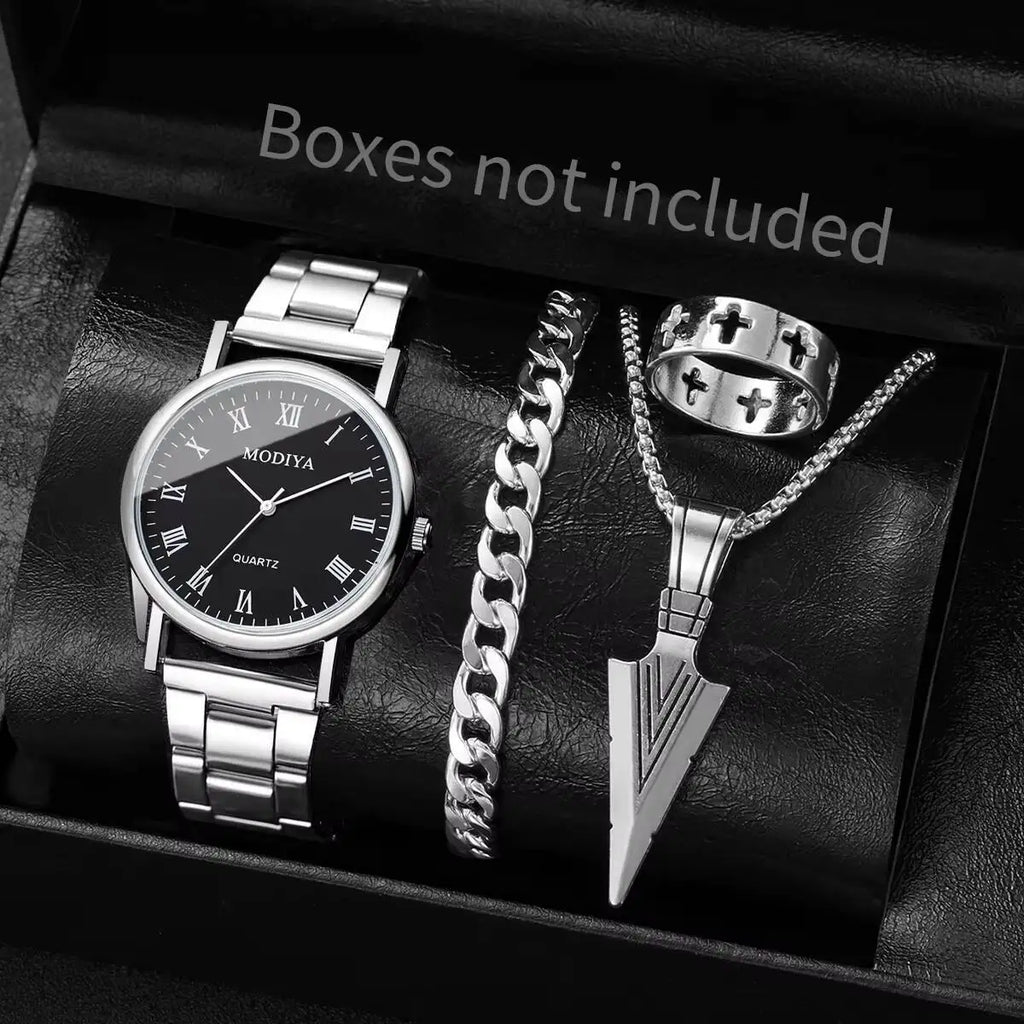 4PCS/Set Fashion Men Business Watches Simple Roma Dial Quartz Wristwatch Jewelry Set Reloj Hombre（Without Box）