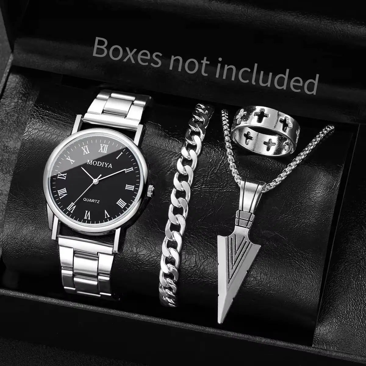 4PCS/Set Fashion Men Business Watches Simple Roma Dial Quartz Wristwatch Jewelry Set Reloj Hombre（Without Box）