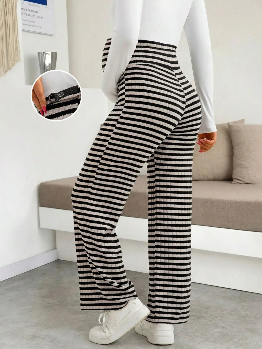 Maternity Women's Striped Ribbed Wide Leg Over Bump Jeans for Casual Daily and Lounge Wear