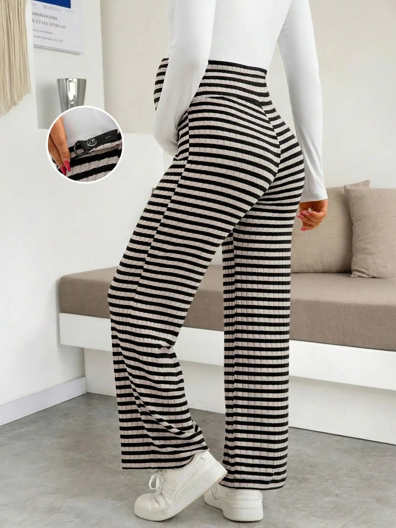 Maternity Women's Striped Ribbed Wide Leg Over Bump Jeans for Casual Daily and Lounge Wear