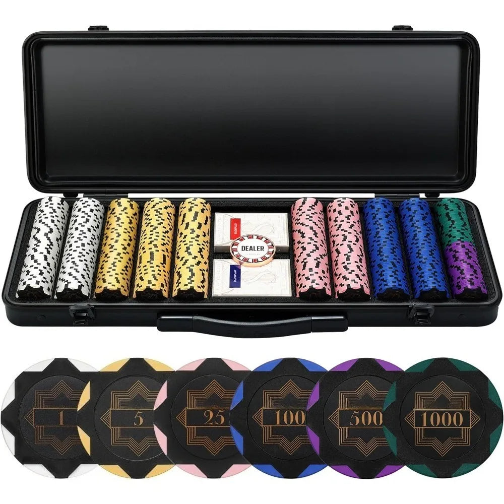 SLOWPLAY 14g Clay Poker Chips Set for Texas Hold'em, 500 PCS, with Numbered Values, Art Deco Style, and Carrying Case