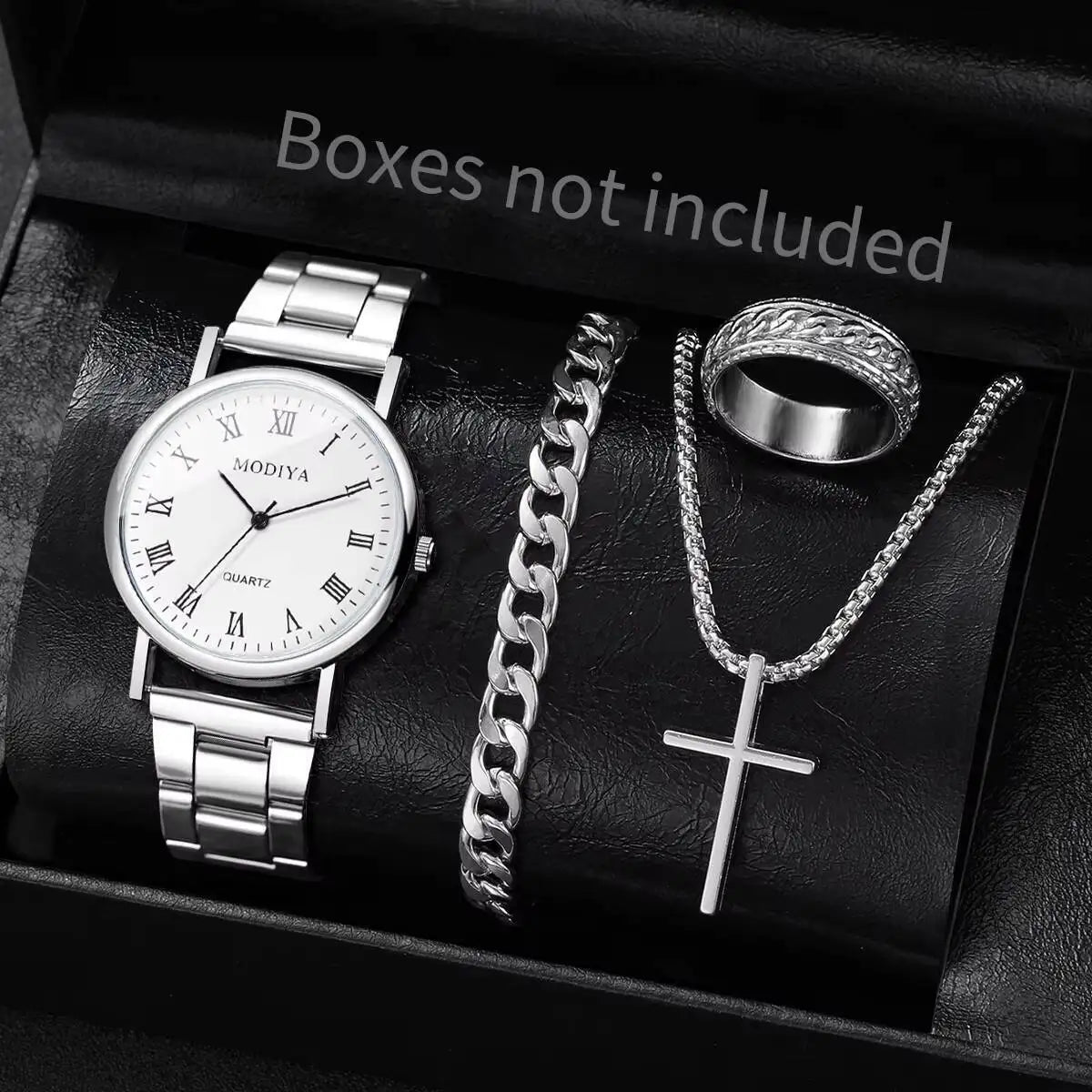 4PCS/Set Fashion Men Business Watches Simple Roma Dial Quartz Wristwatch Jewelry Set Reloj Hombre（Without Box）