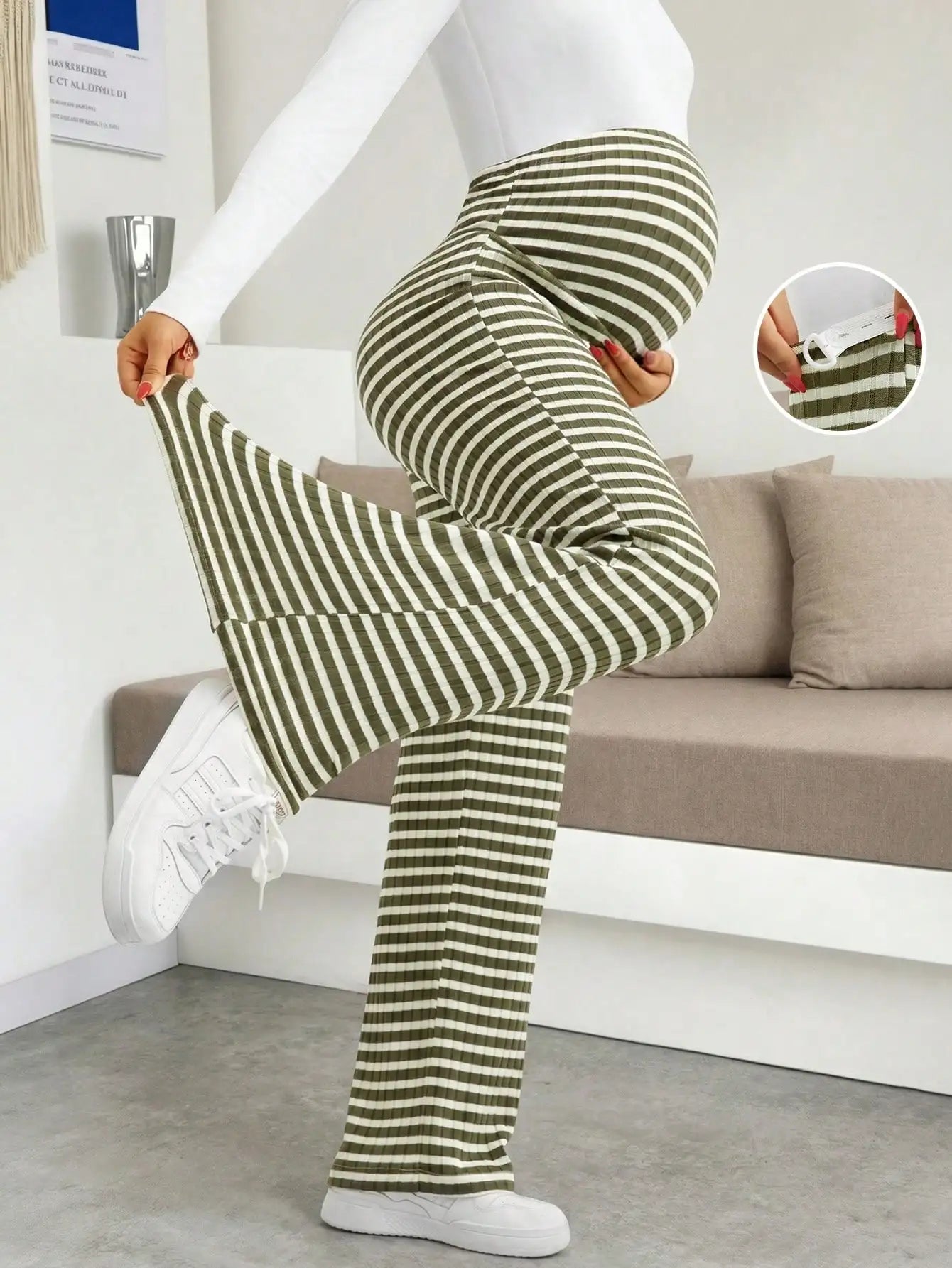 Maternity Women's Striped Ribbed Wide Leg Over Bump Jeans for Casual Daily and Lounge Wear