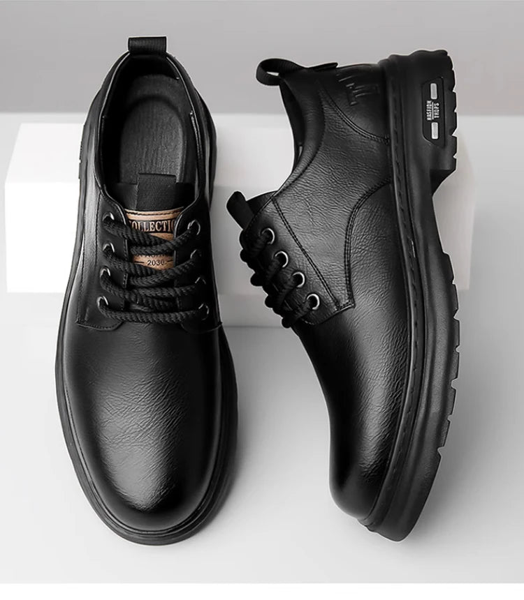Men's Outdoor Casual Leather Shoes Lace Free Retro Soft Bottom Low-Top Work Shoes