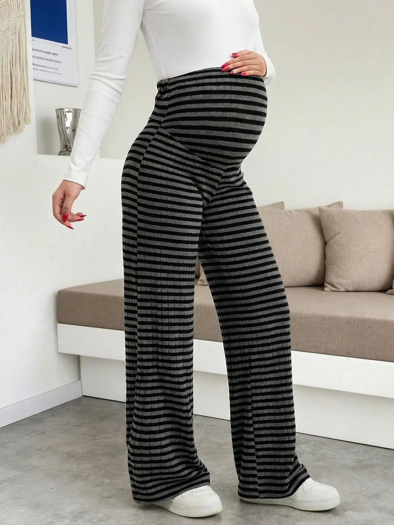 Maternity Women's Striped Ribbed Wide Leg Over Bump Jeans for Casual Daily and Lounge Wear