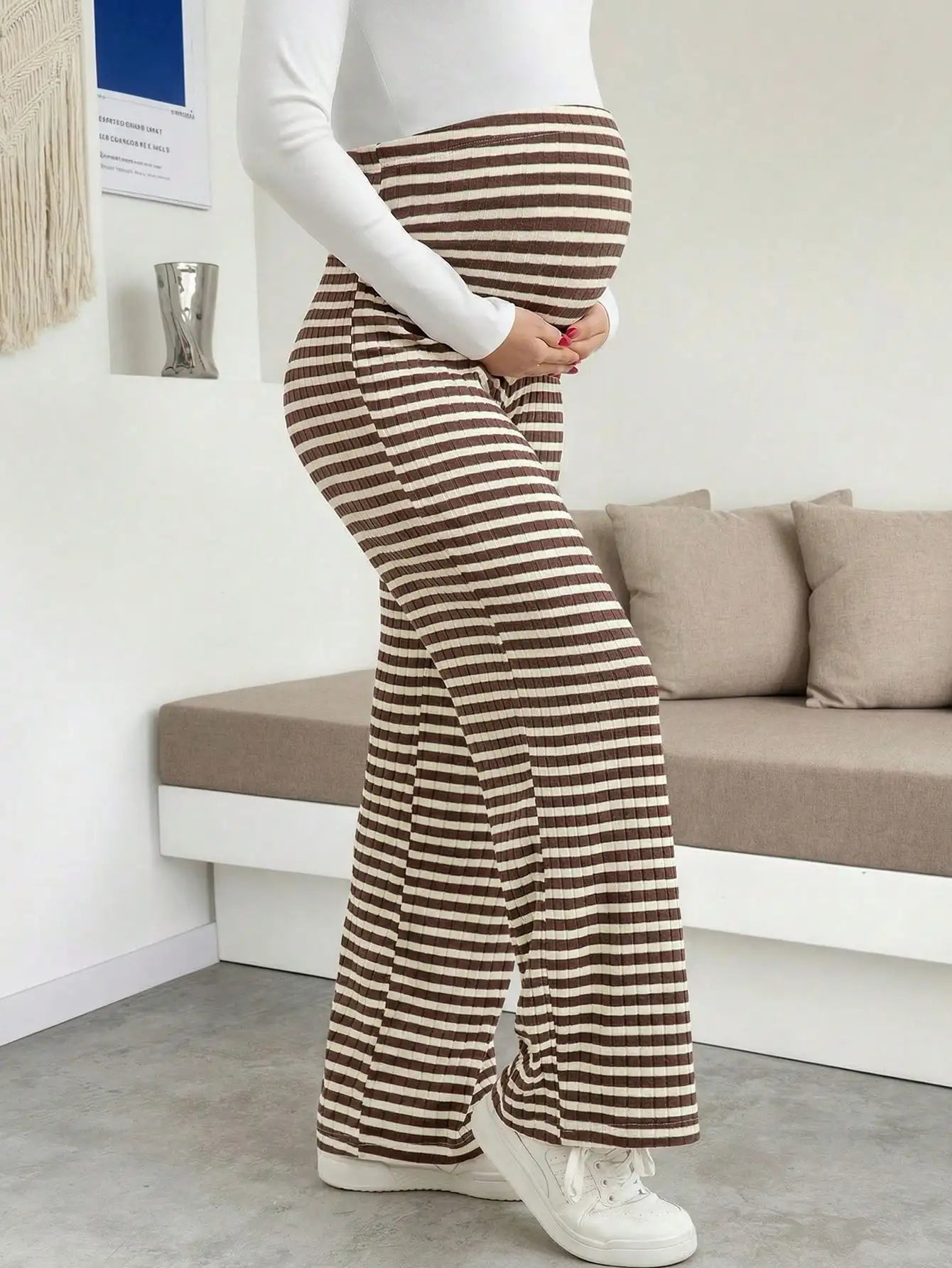 Maternity Women's Striped Ribbed Wide Leg Over Bump Jeans for Casual Daily and Lounge Wear