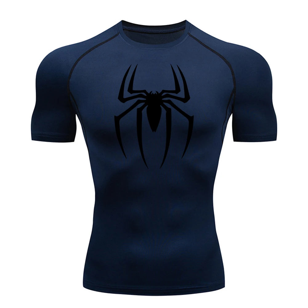 2025 Men's Spider Print Compression Shirt, Quick Dry T-Shirt, Gym Running Jersey, Breathable Short Sleeve, Spring, Summer, S-3XL