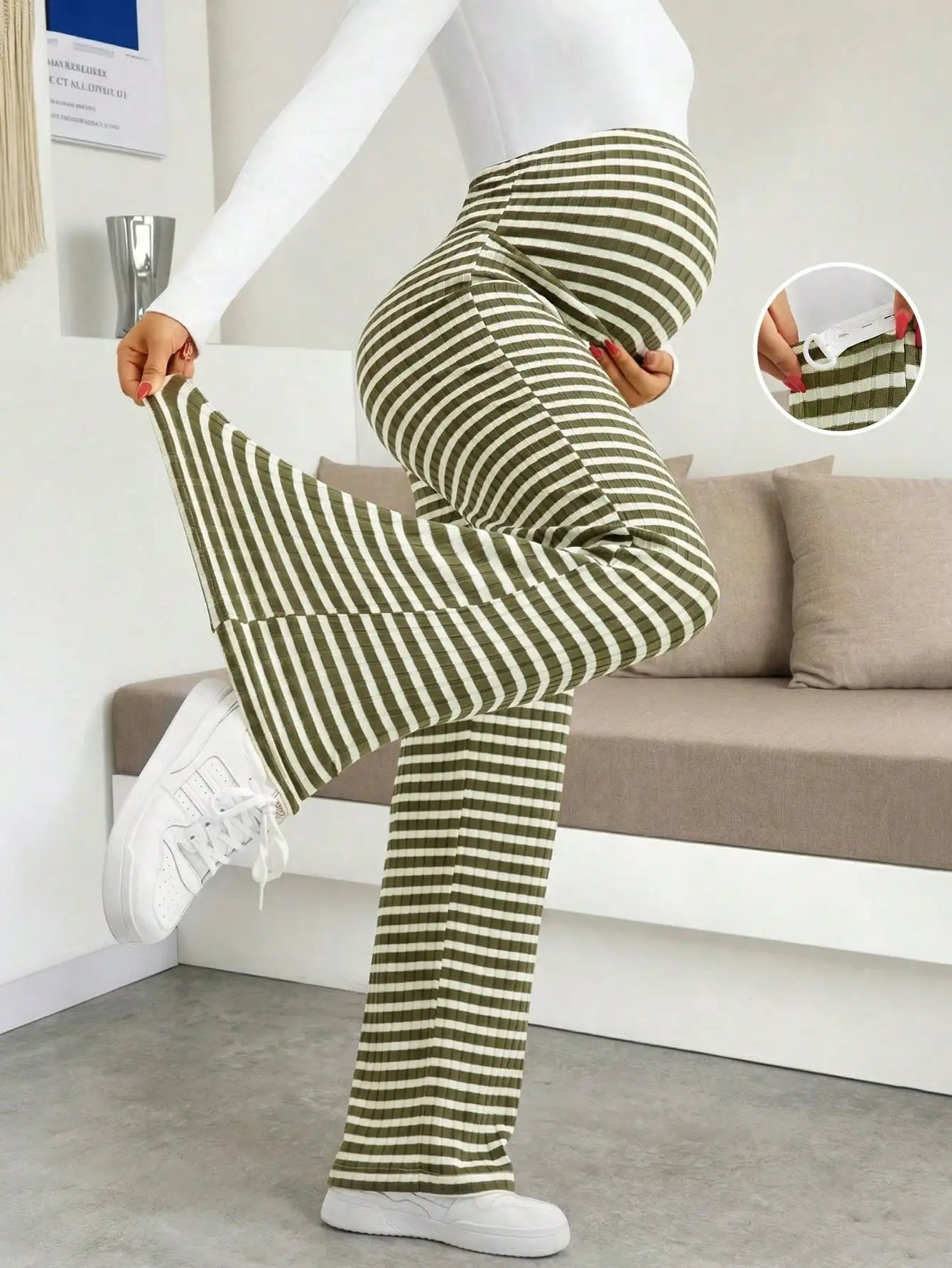 Maternity Women's Striped Ribbed Wide Leg Over Bump Jeans for Casual Daily and Lounge Wear